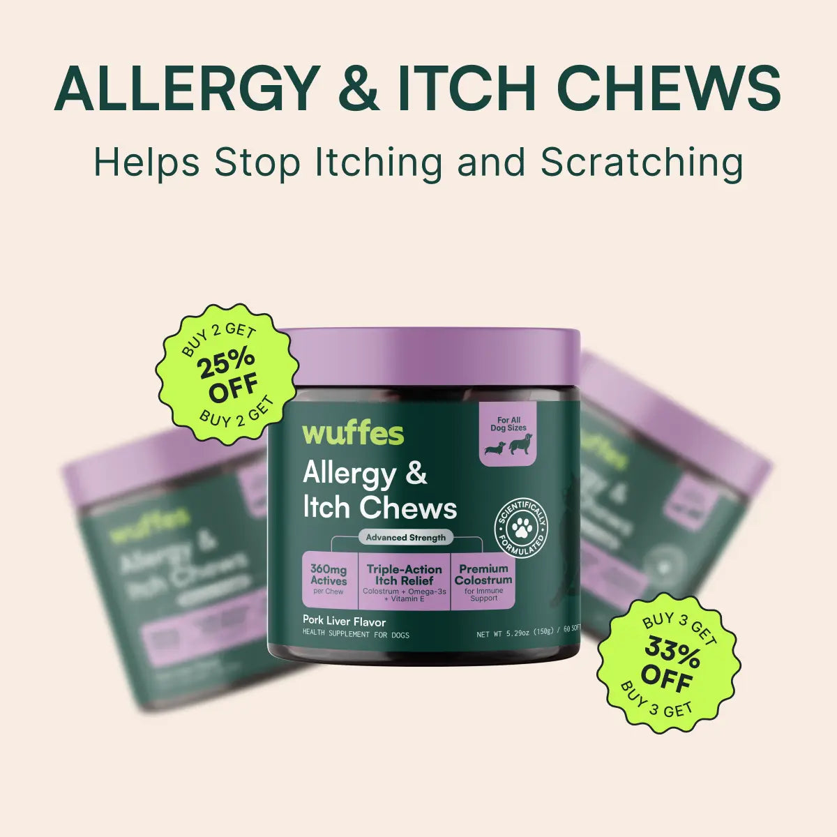 Wuffes Allergy & Itch Relief Chews for Dogs - Skin and Immune Support Supplement for Seasonal Allergies - Suitable for All Breeds and Ages - Made in the USA