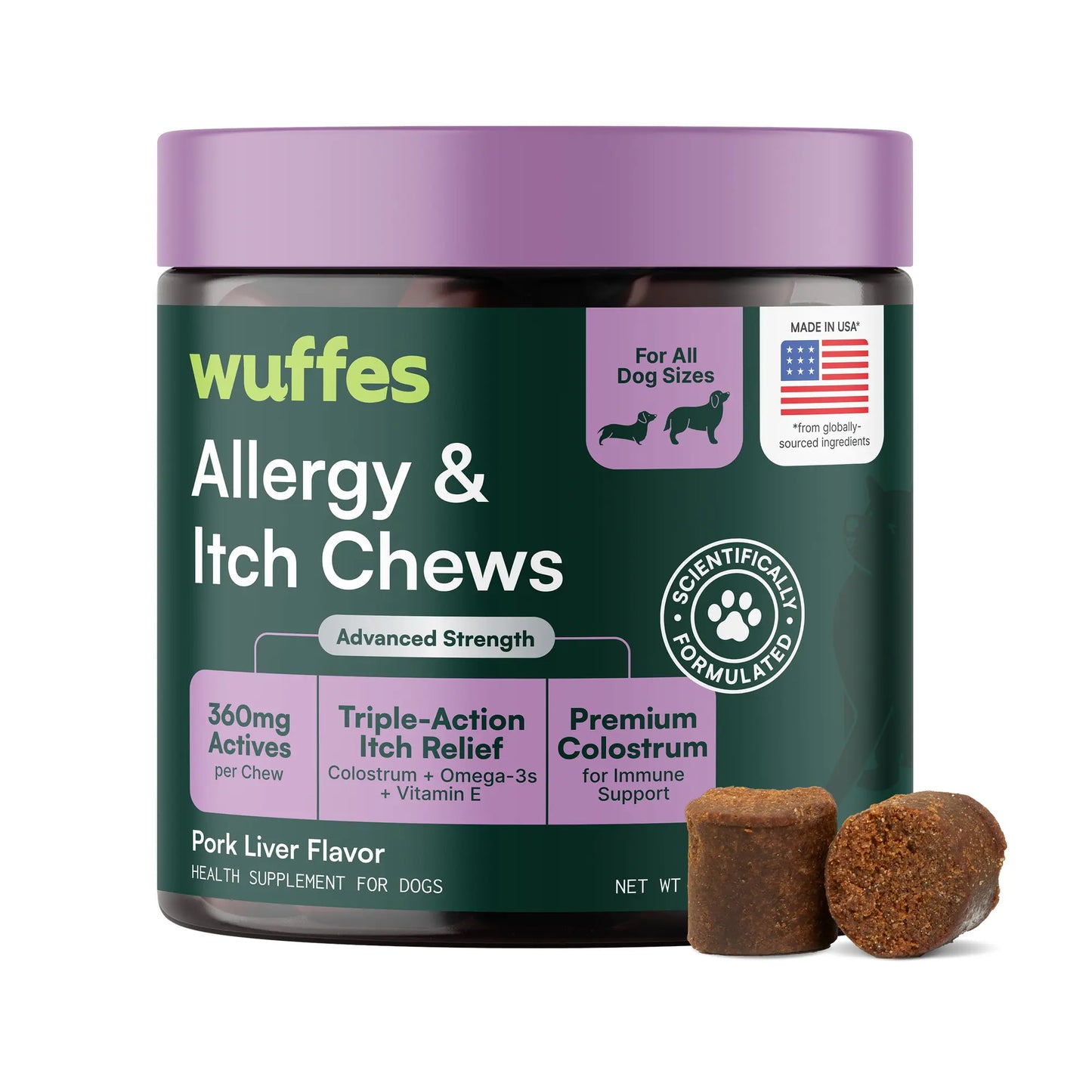 Wuffes Allergy & Itch Relief Chews for Dogs - Skin and Immune Support Supplement for Seasonal Allergies - Suitable for All Breeds and Ages - Made in the USA