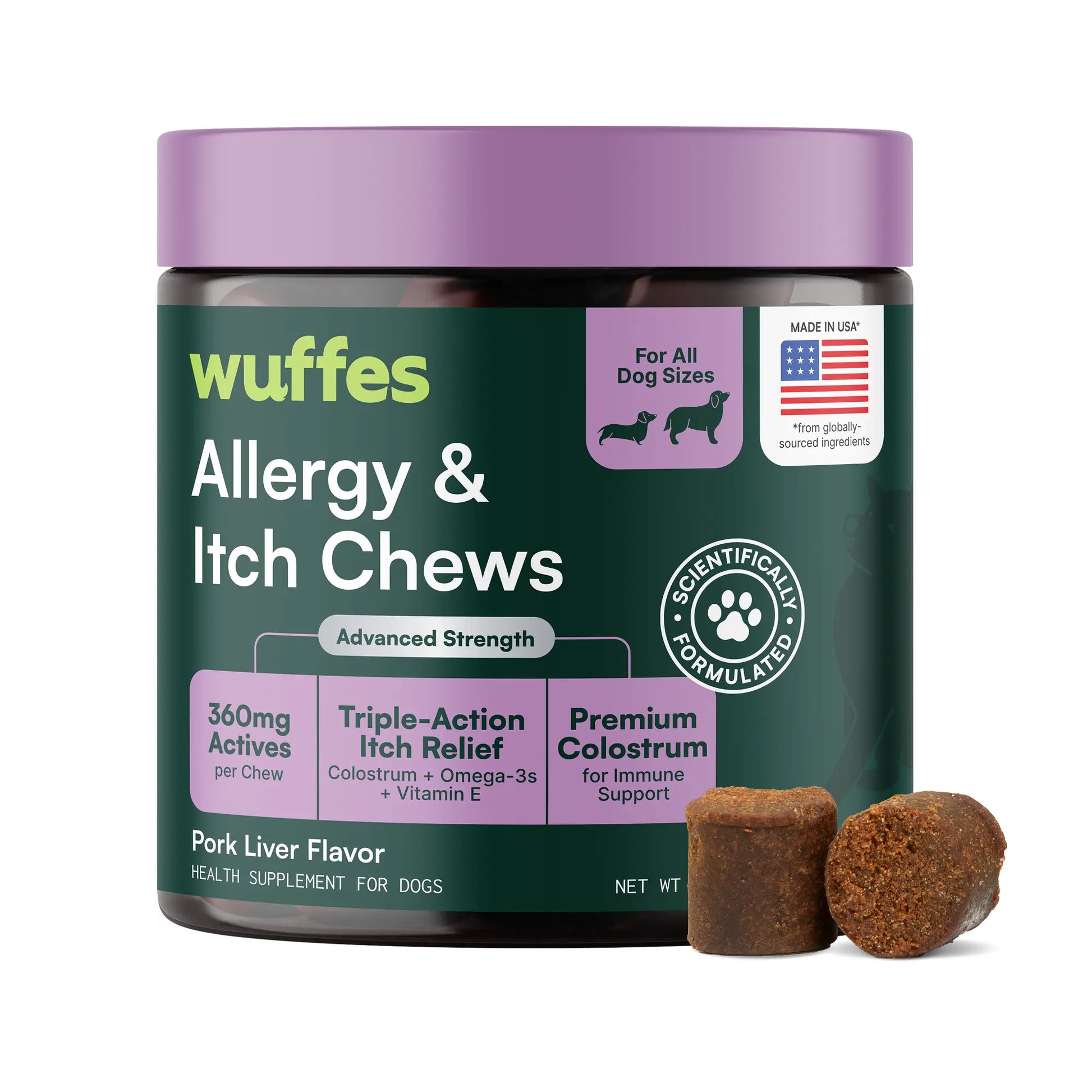 Wuffes Allergy & Itch Relief Chews for Dogs - Skin and Immune Support Supplement for Seasonal Allergies - Suitable for All Breeds and Ages - Made in the USA