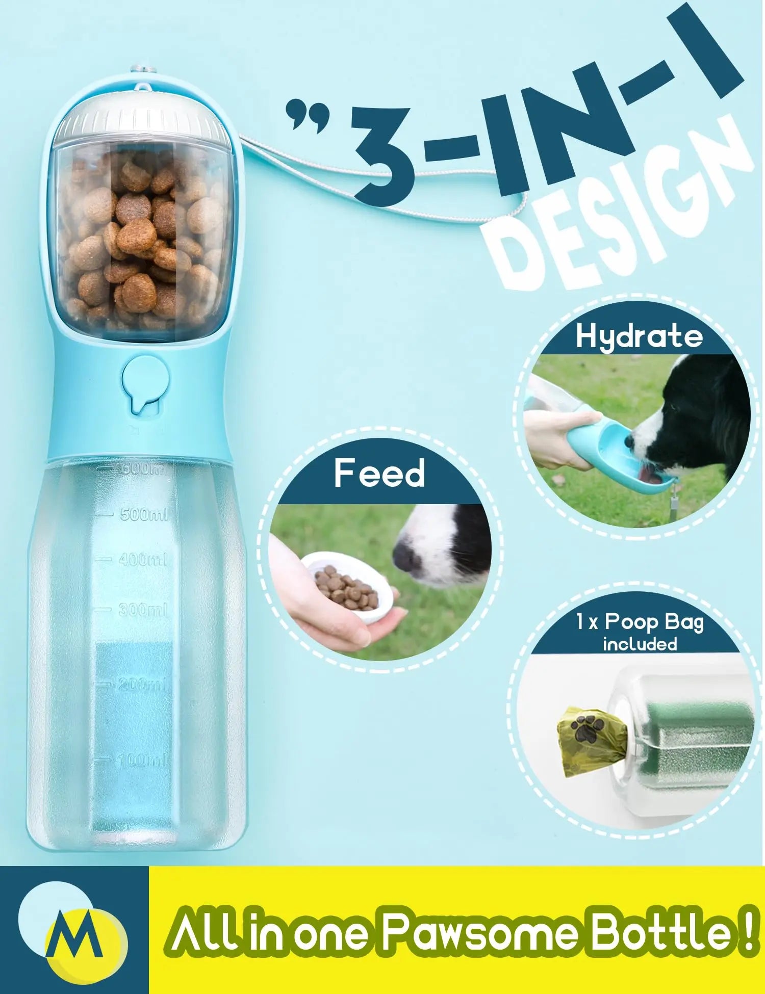 Portable Water Bottle for Dogs, 3 in 1 Pet Travel Bowl Dispenser with Food Treat Container & Poop Bag Holder, Summer Outdoor Walking Hiking Accessories for Large Dog on the Go - Blue, 20Oz#Summervibes