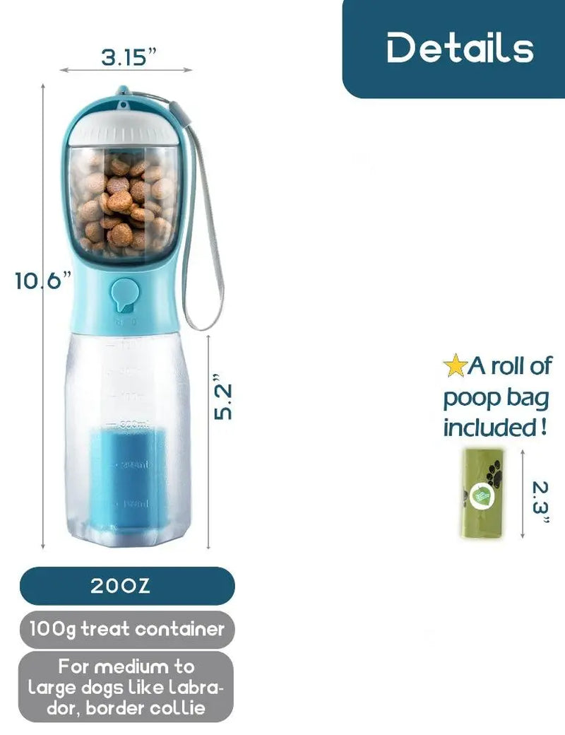 Portable Water Bottle for Dogs, 3 in 1 Pet Travel Bowl Dispenser with Food Treat Container & Poop Bag Holder, Summer Outdoor Walking Hiking Accessories for Large Dog on the Go - Blue, 20Oz#Summervibes