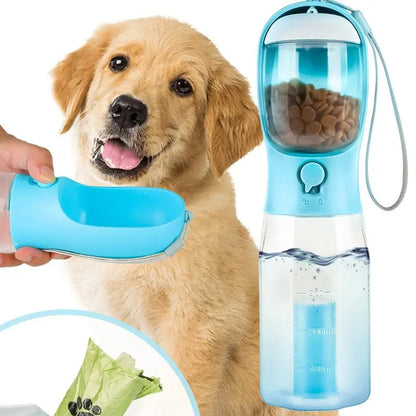 Portable Water Bottle for Dogs, 3 in 1 Pet Travel Bowl Dispenser with Food Treat Container & Poop Bag Holder, Summer Outdoor Walking Hiking Accessories for Large Dog on the Go - Blue, 20Oz#Summervibes