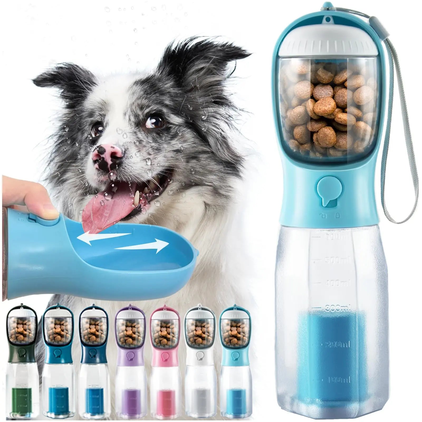 Portable Water Bottle for Dogs, 3 in 1 Pet Travel Bowl Dispenser with Food Treat Container & Poop Bag Holder, Summer Outdoor Walking Hiking Accessories for Large Dog on the Go - Blue, 20Oz#Summervibes