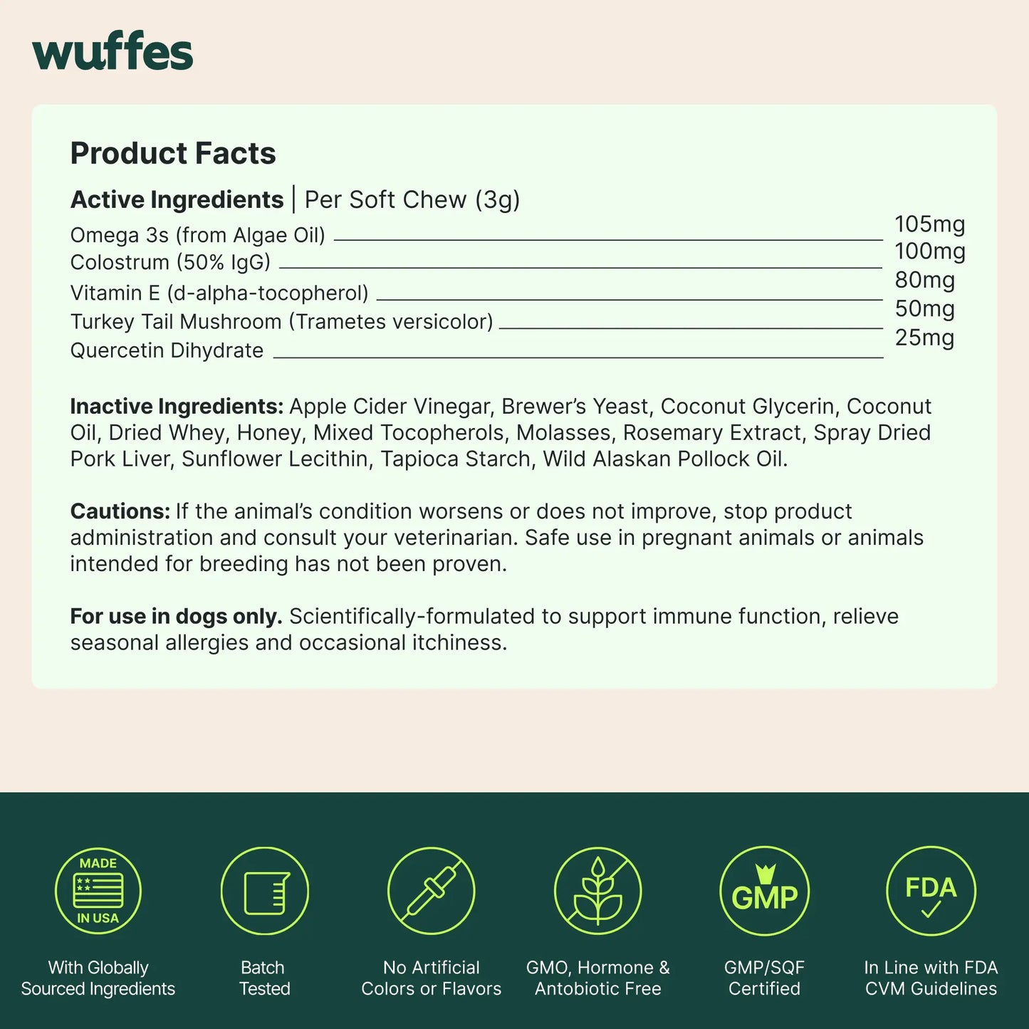 Wuffes Allergy & Itch Relief Chews for Dogs - Skin and Immune Support Supplement for Seasonal Allergies - Suitable for All Breeds and Ages - Made in the USA