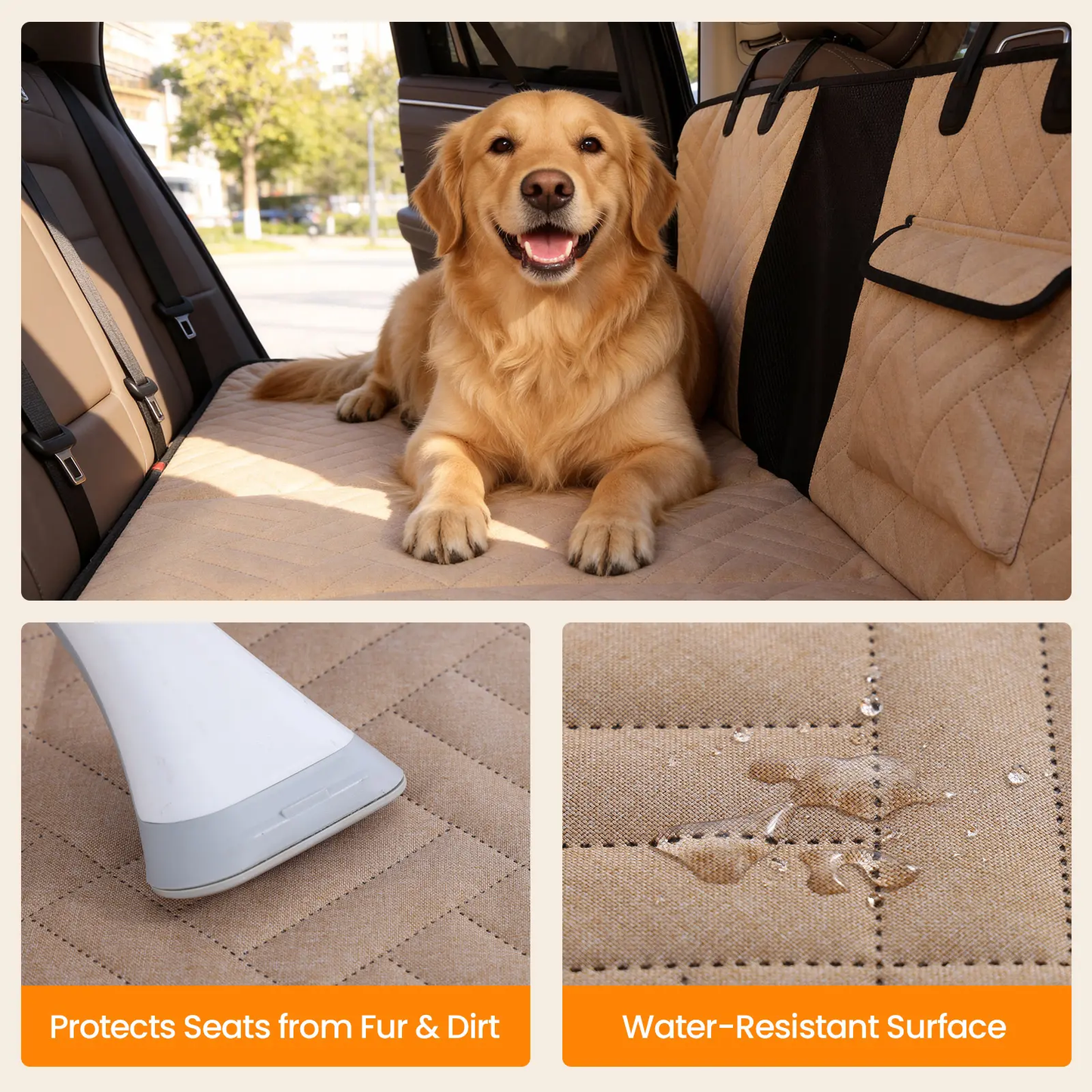 VALUXE Dog Car Seat Cover for Large Dogs, Full-Cover Waterproof Back Seat Protector, Foldable, Beige/Black Summervibes Petlovers